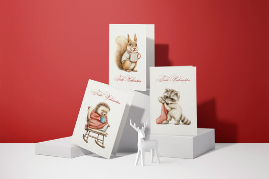 Weihnachtskarten Set | Niedliche Weihnachtstiere Aquarell 1