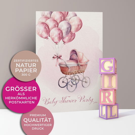 Einladungskarten zur Baby Shower Party für Mädchen, Rosafarbener Retro/Vintage Kinderwagen mit vielen Luftballons und Schleife.
