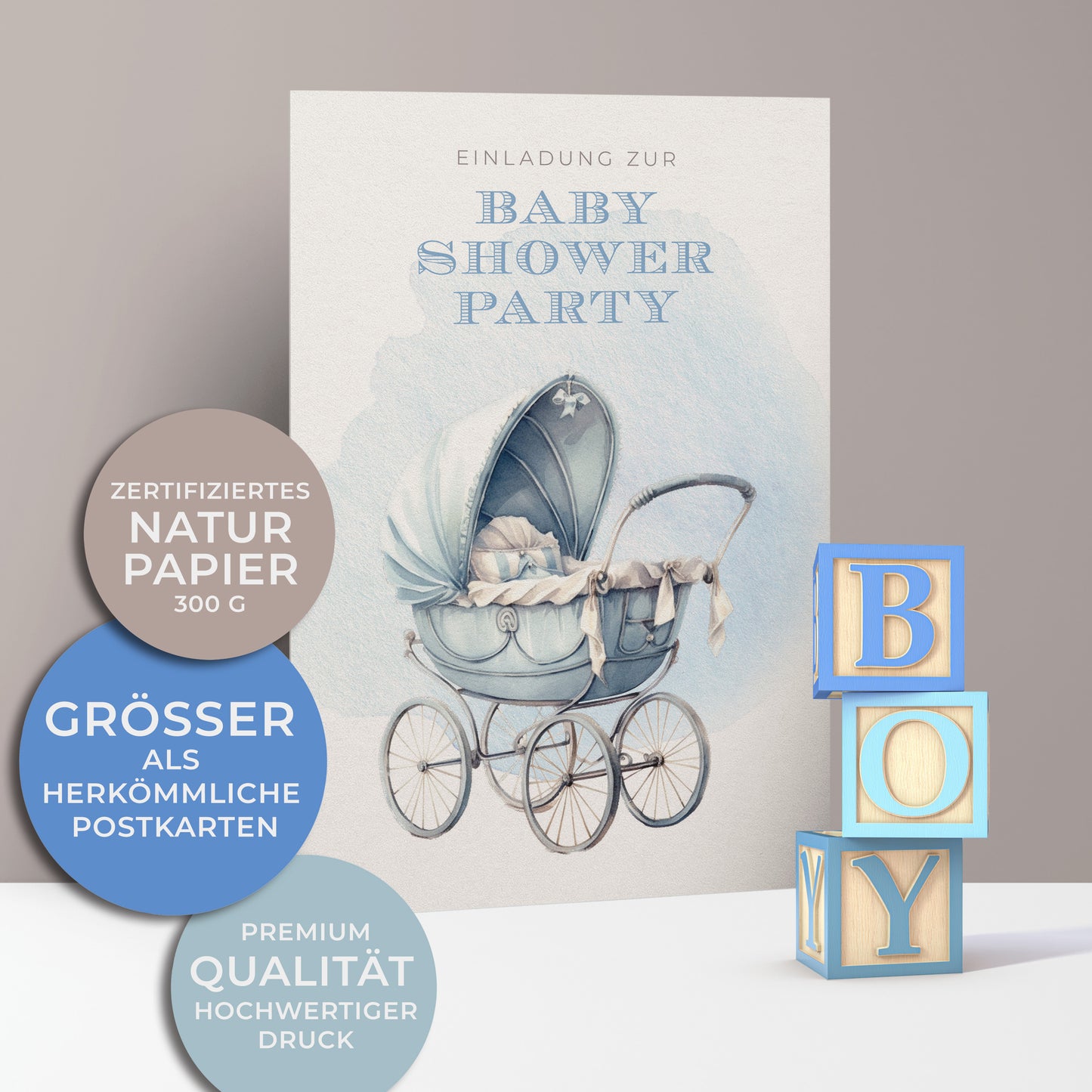 Einladungskarten zur Baby Shower Party für Jungen, Hellblauer Retro/Vintage Kinderwagen mit Kissen und Schleife.