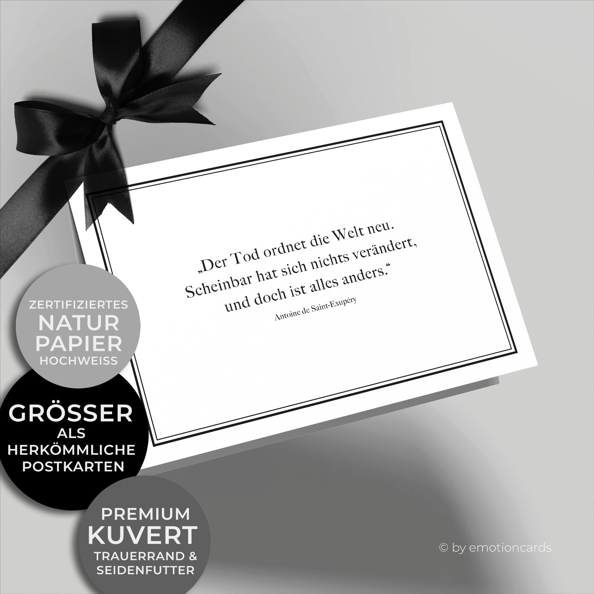 Emotionale Trauerkarte - Klappkarte im Querformat - mit wunderschönem Zitat von Antoine de Saint-Exupéry. Feiner eleganter Doppelrahmen um würdevoll Abschied zu nehmen von einem geliebten Menschen.