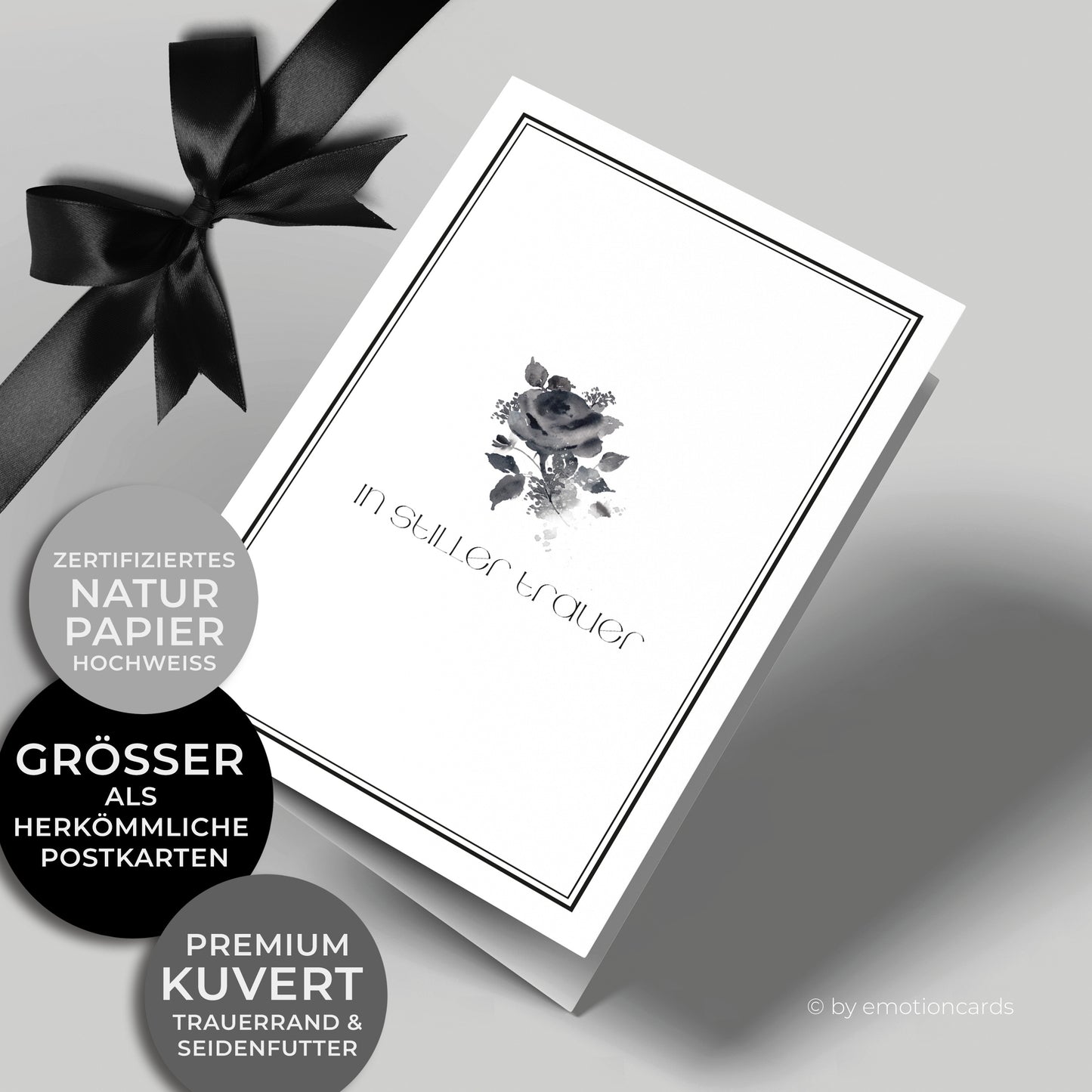 Emotionale Trauerkarte - Klappkarte im Hochformat - schwarzes Rosenaquarell - in stiller Trauer. Feiner eleganter Doppelrahmen um würdevoll Abschied zu nehmen von einem geliebten Menschen.