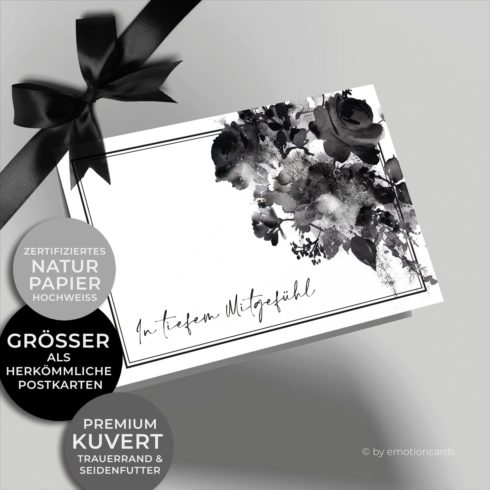 Emotionale Trauerkarte - Klappkarte im Querformat - mit schönen Aquarellrosen. Feiner eleganter Doppelrahmen um würdevoll Abschied zu nehmen von einem geliebten Menschen.