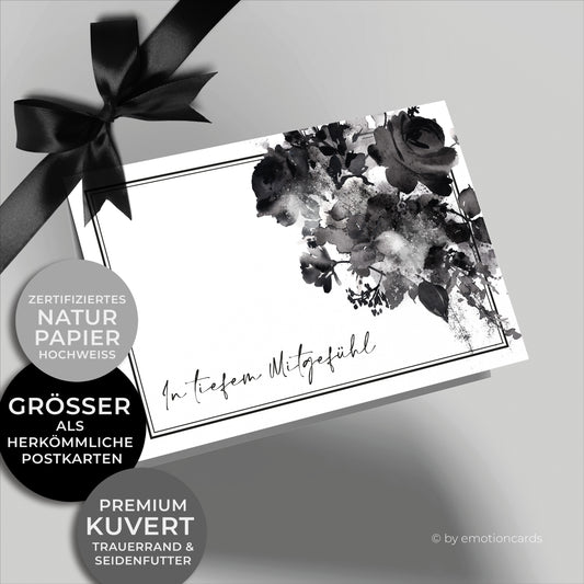 Emotionale Trauerkarte - Klappkarte im Querformat - mit schönen Aquarellrosen. Feiner eleganter Doppelrahmen um würdevoll Abschied zu nehmen von einem geliebten Menschen.