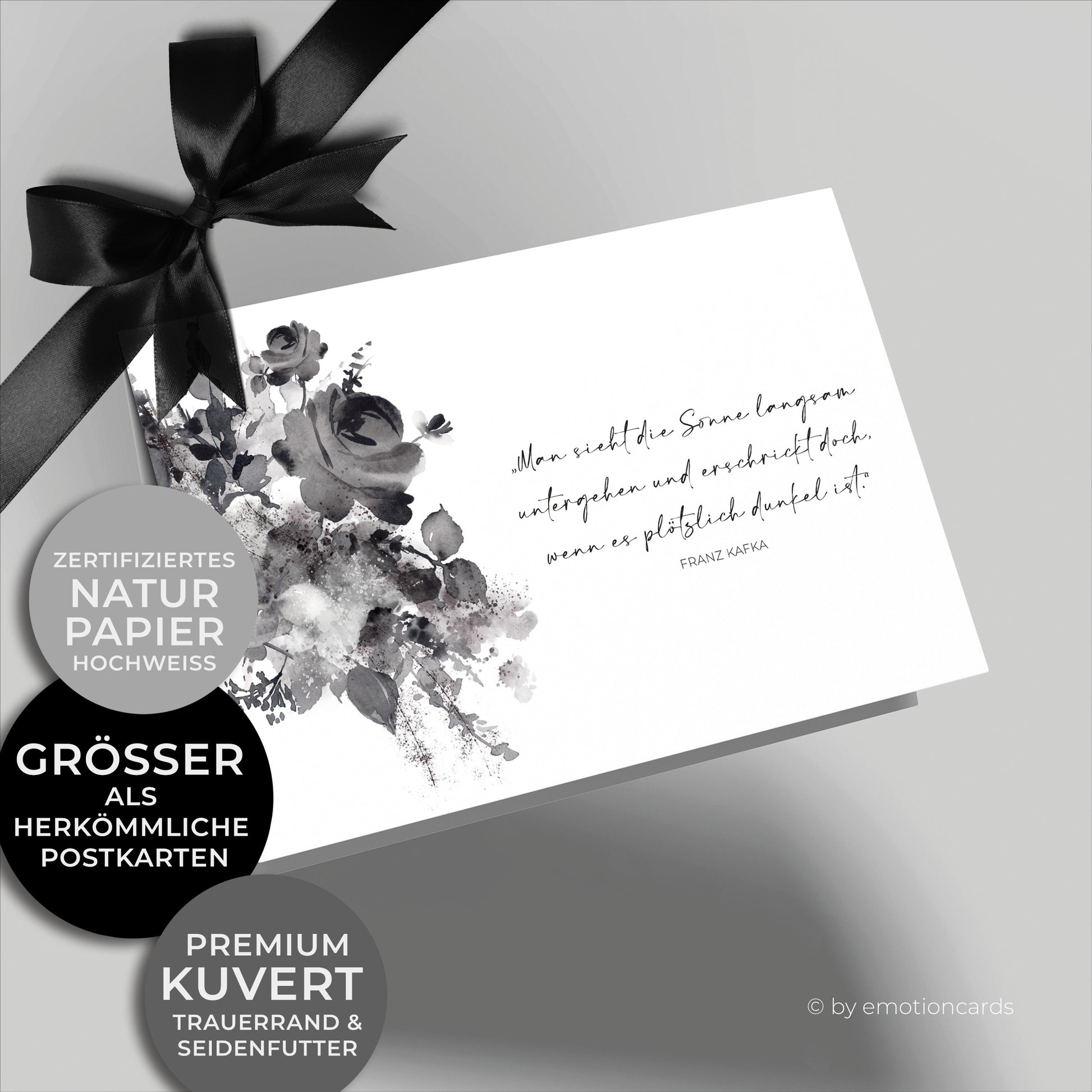 Emotionale Trauerkarte - Klappkarte im Querformat - mit wunderschönem Zitat und schwarzen in Aquarell gemalten Rosen.
