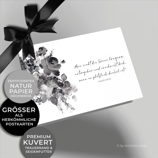 Emotionale Trauerkarte - Klappkarte im Querformat - mit wunderschönem Zitat und schwarzen in Aquarell gemalten Rosen.