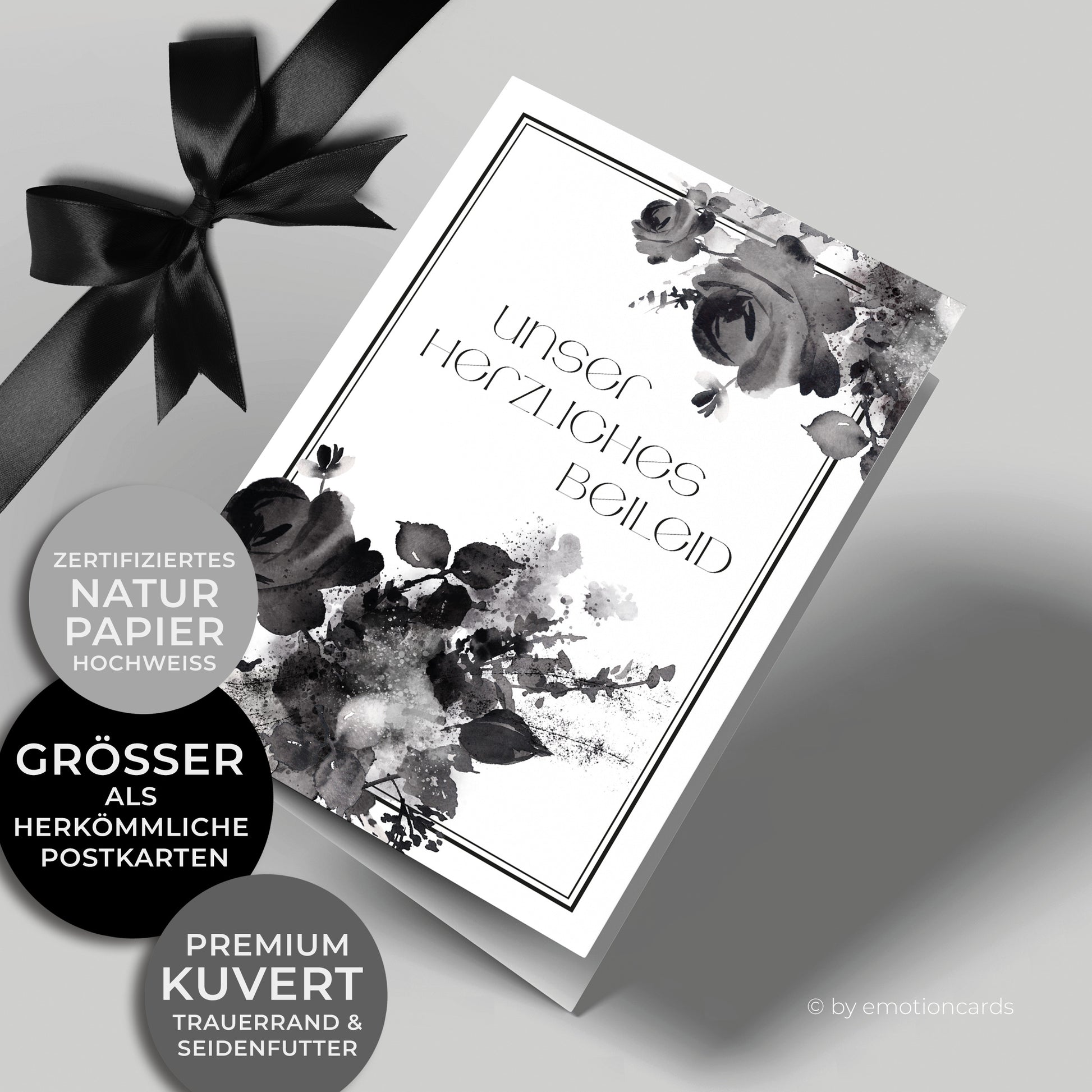 Emotionale Trauerkarte - Klappkarte im Hochformat - schwarzes Rosenaquarell. Feiner eleganter Doppelrahmen um würdevoll Abschied zu nehmen von einem geliebten Menschen.