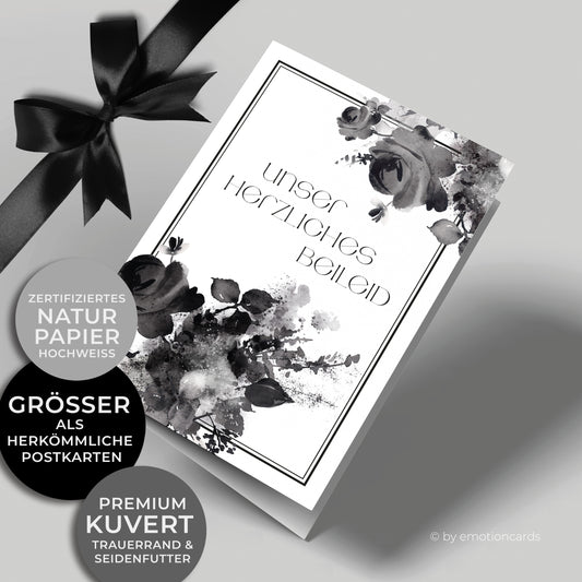 Emotionale Trauerkarte - Klappkarte im Hochformat - schwarzes Rosenaquarell. Feiner eleganter Doppelrahmen um würdevoll Abschied zu nehmen von einem geliebten Menschen.