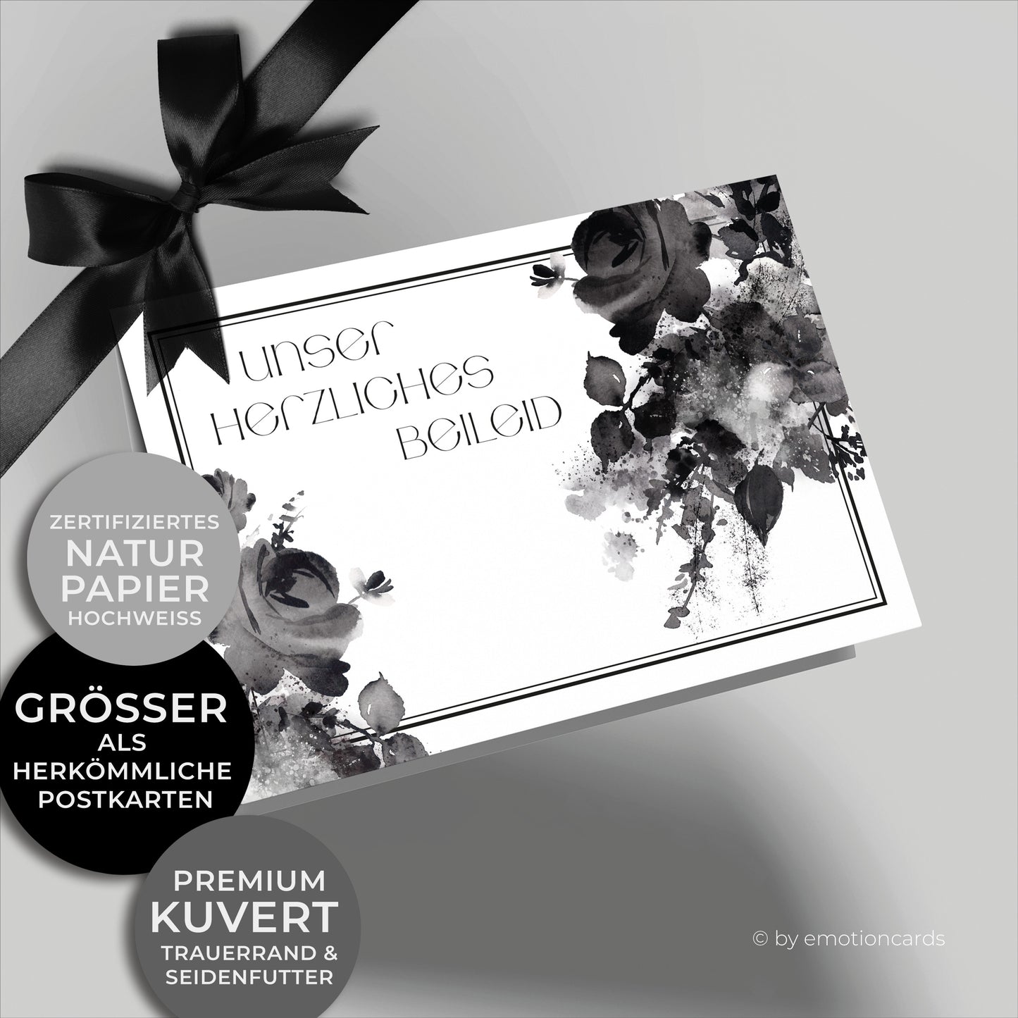 Emotionale Trauerkarte - Klappkarte im Querformat - mit schönen Aquarellrosen. Feiner eleganter Doppelrahmen um würdevoll Abschied zu nehmen von einem geliebten Menschen.