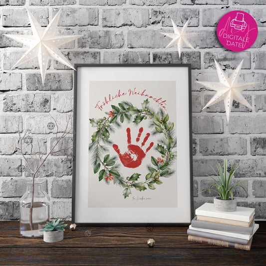 DIY Kinder Handabdruck zu Weihnachten | Fröhliche Weihnachten Stechpalmen Kranz