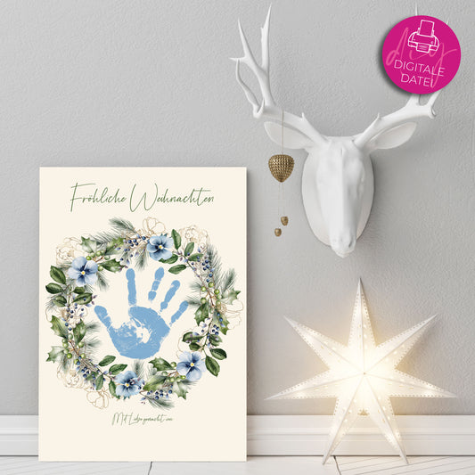 DIY Kinder Handabdruck zu Weihnachten | Fröhliche Weihnachten Stechpalme & blaue Blüten