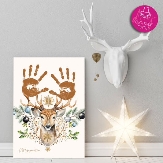 DIY Kinder Handabdruck zu Weihnachten | Hirsch mit Christbaumkugeln