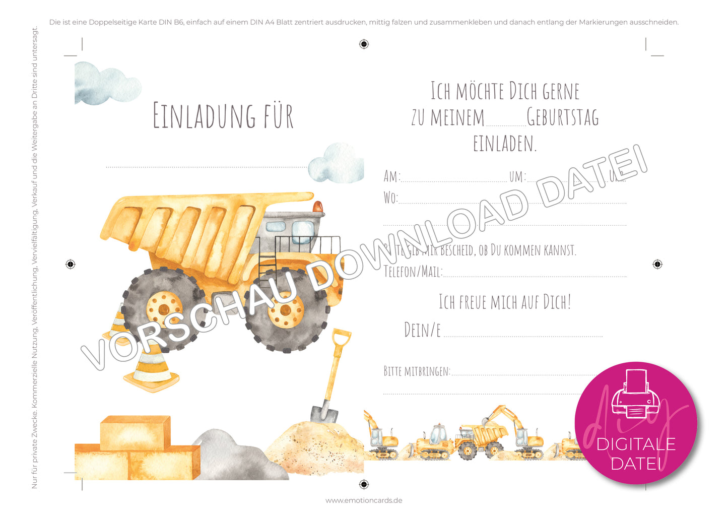 Einladung Kindergeburtstag zum Selbstdrucken | Baggerparty Muldenkipper