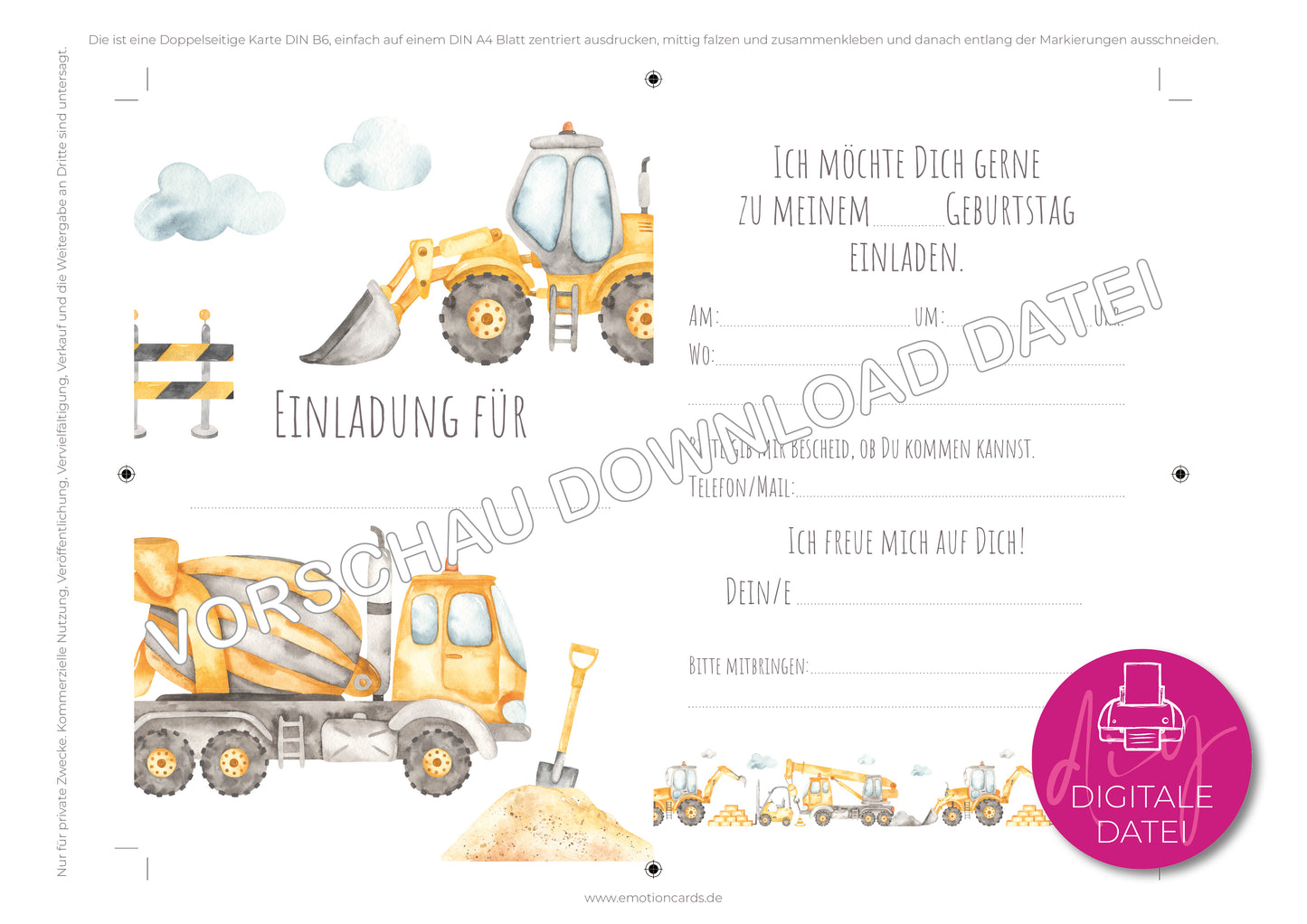 Einladung Kindergeburtstag zum Selbstdrucken | Baggerparty Radlader