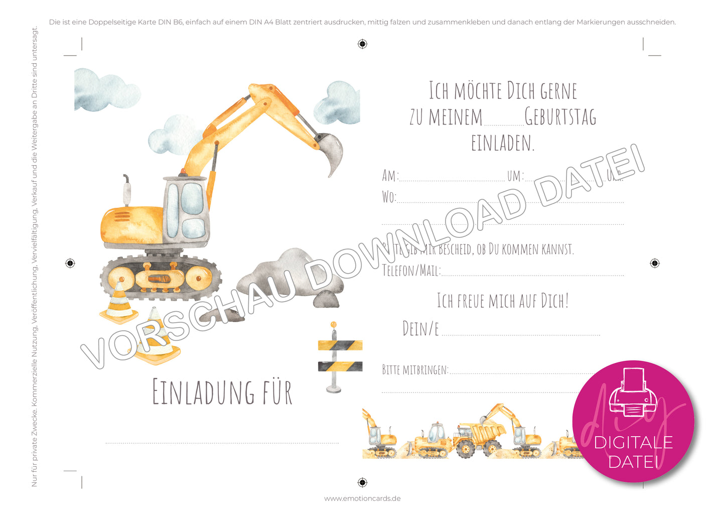 Einladung Kindergeburtstag zum Selbstdrucken | Baggerparty Raupenbagger