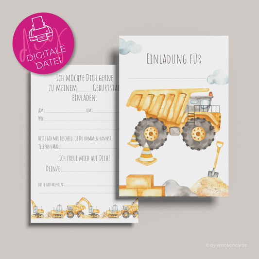 Einladung Kindergeburtstag zum Selbstdrucken | Baggerparty Muldenkipper