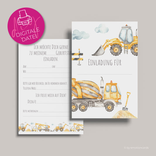 Einladung Kindergeburtstag zum Selbstdrucken | Baggerparty Radlader