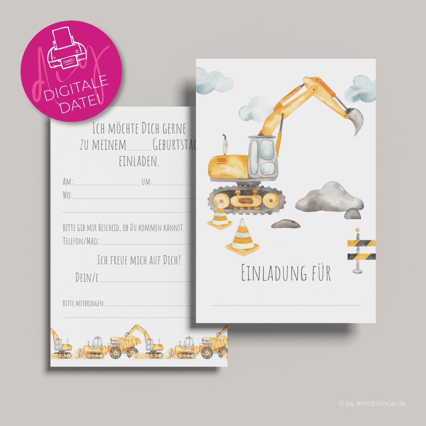 Einladung Kindergeburtstag zum Selbstdrucken | Baggerparty Raupenbagger