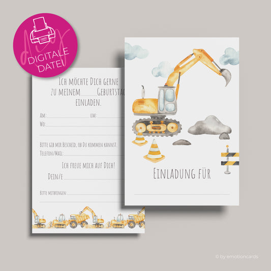 Einladung Kindergeburtstag zum Selbstdrucken | Baggerparty Raupenbagger