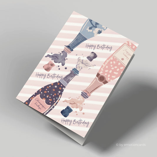 Geburtstagskarte | Happy Birthday | knallende Champagnerkorken | rosa Streifen