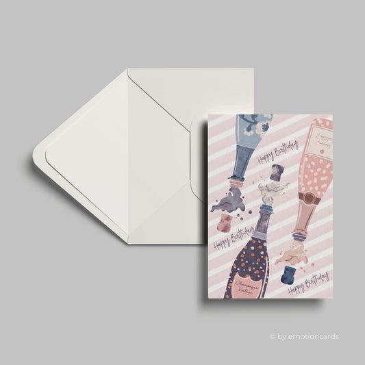 Geburtstagskarte | Happy Birthday | knallende Champagnerkorken | rosa Streifen