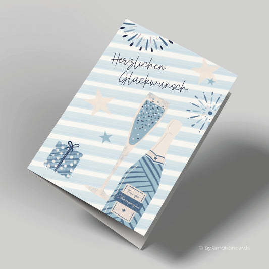 Geburtstagskarte | Herzlichen Glückwunsch | Champagnerflasche blaue Streifen
