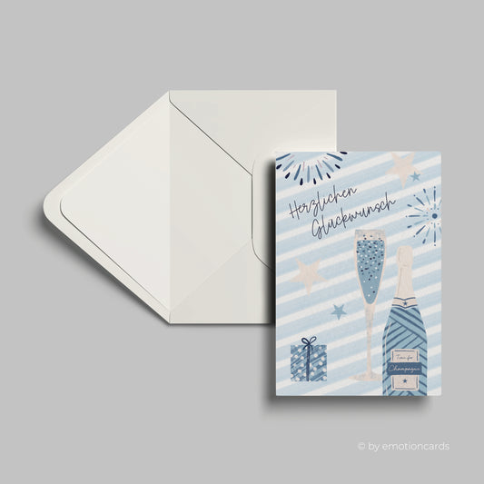 Geburtstagskarte | Herzlichen Glückwunsch | Champagnerflasche blaue Streifen