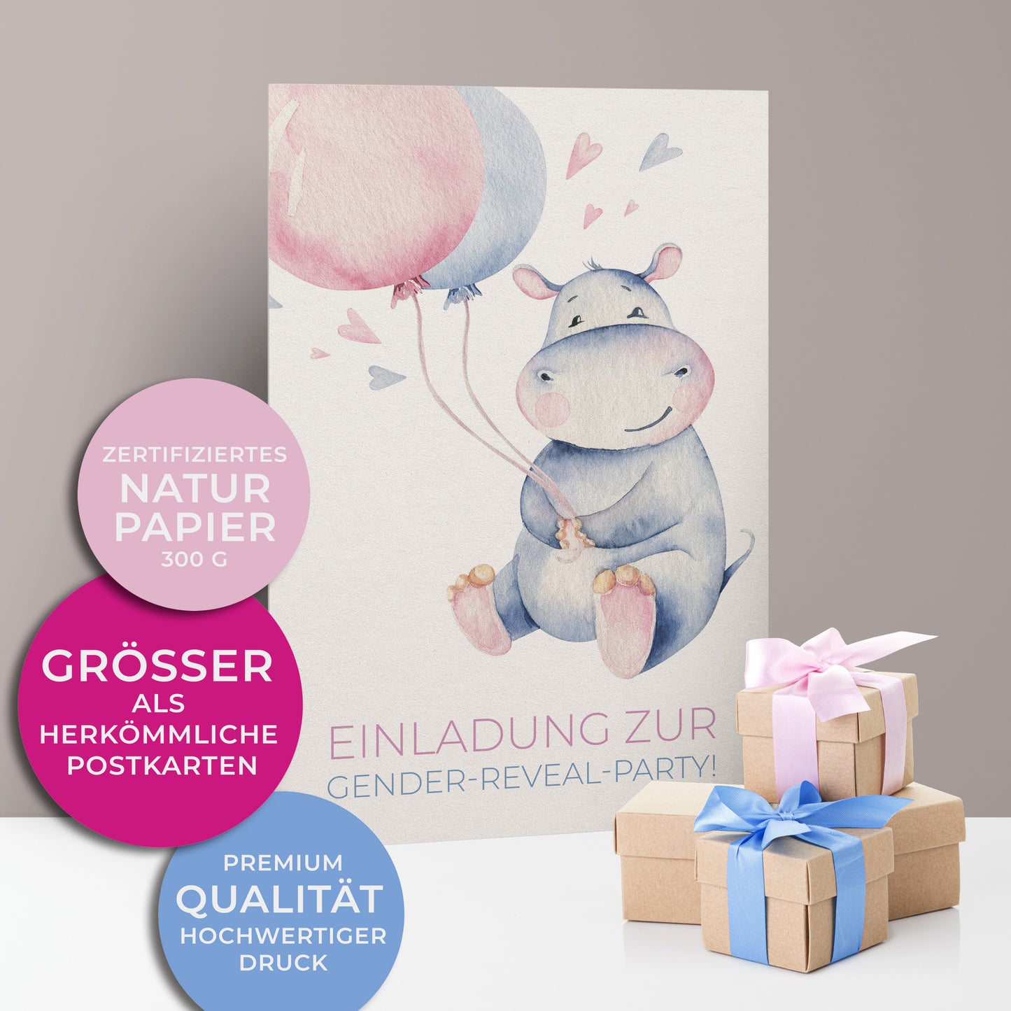 Einladungskarten zur Gender-Reveal-Party. Kleines süßes Nilpferd mit blauem und pinken Luftballon und Herzen