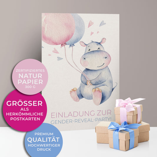 Einladungskarten zur Gender-Reveal-Party. Kleines süßes Nilpferd mit blauem und pinken Luftballon und Herzen