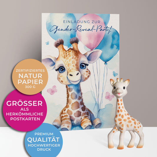 Einladungskarten zur Gender-Reveal-Party. Kleine süße Giraffe mit blauen und pinken Luftballons und 4 kleine Schmetterlinge in Hellblau und Rosa.