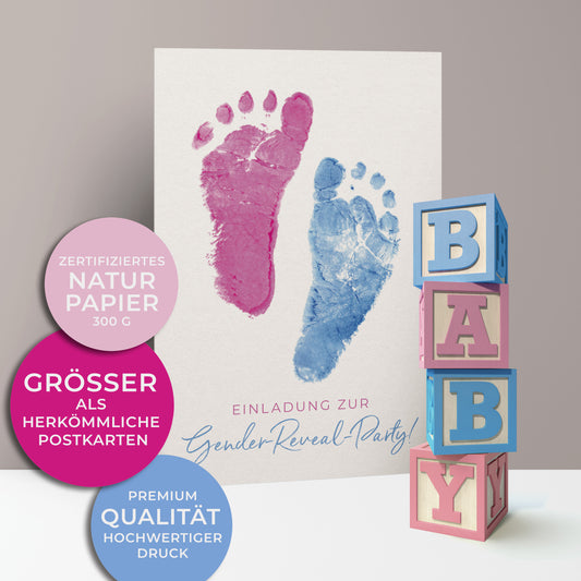 Einladungskarten zur Gender-Reveal-Party. Kleine süße Babyfußabdrücke in blau und pink