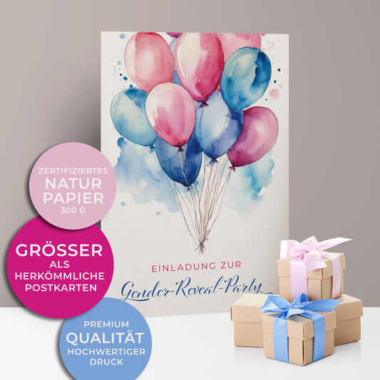 Einladungskarten zur Gender Reveal Party. Viele Luftballons zusammengebunden in Rosa und Blau.