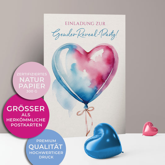 Einladungskarten zur Gender-Reveal-Party. Großer Herzluftballon in Blau und Rosa