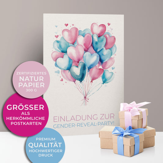 Einladungskarten zur Gender Reveal Party, viele rosa und hellblaue Herzluftballons in einem Bund zusammengebunden