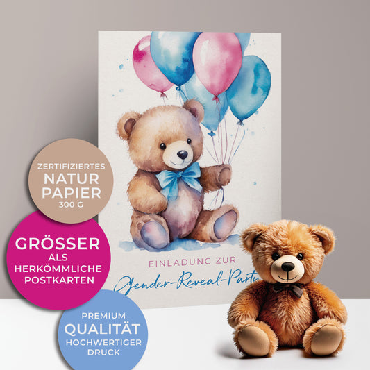 Einladungskarten zur Gender Reveal Party. Süßer kleiner brauner Teddybär mit blauer Schleife um den Hals, hält blaue und pinke Ballons in die Luft