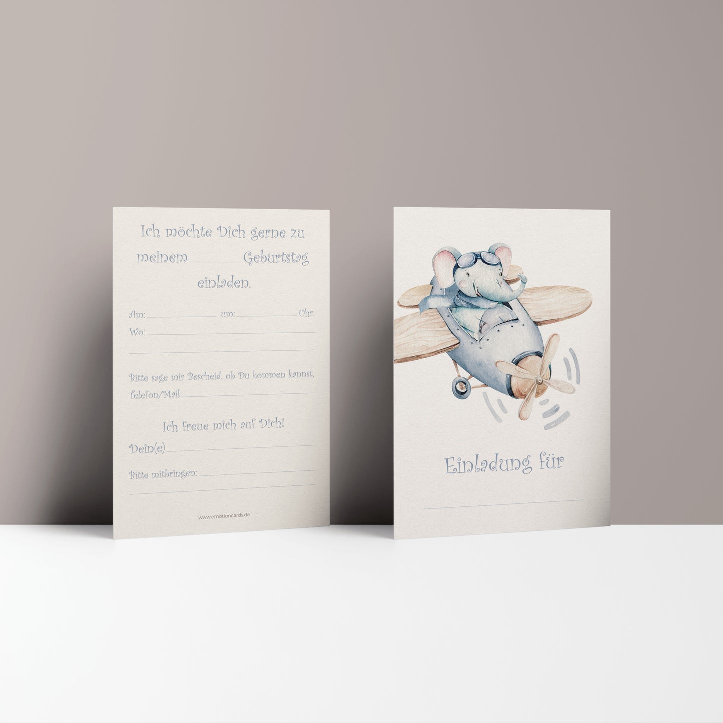 5x/10x Einladungskarten zum Kindergeburtstag | Süßer Elefant im Flugzeug | Premium-Karton | Große Karte (115mm x 170mm)