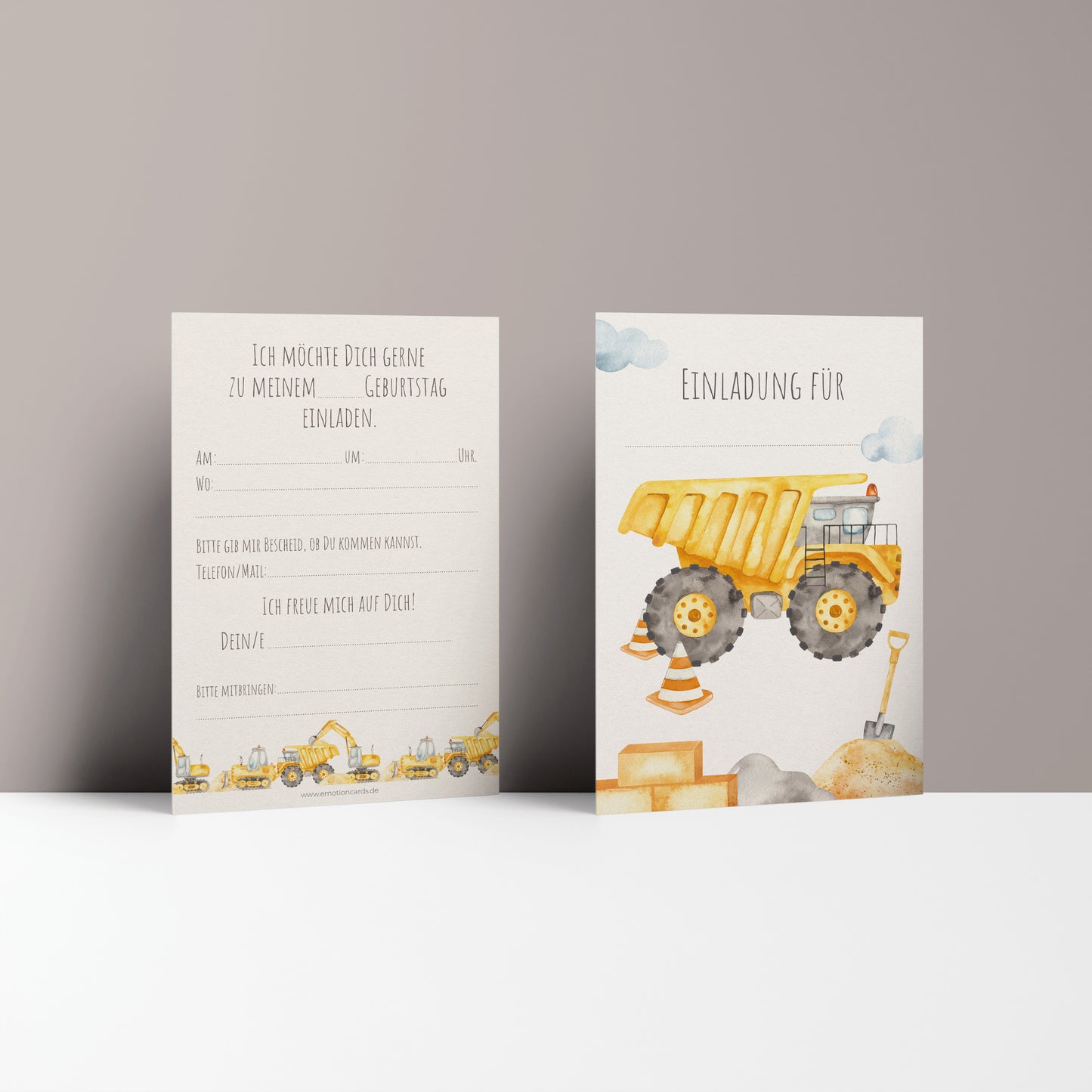 5x/10x Einladungskarten zum Kindergeburtstag | Baustelle, Muldenkipper | Premium-Karton | Große Karte (115mm x 170mm)