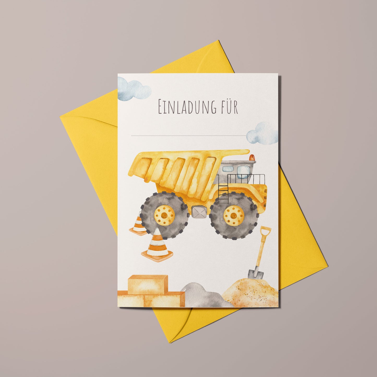 5x/10x Einladungskarten zum Kindergeburtstag | Baustelle, Muldenkipper | Premium-Karton | Große Karte (115mm x 170mm)