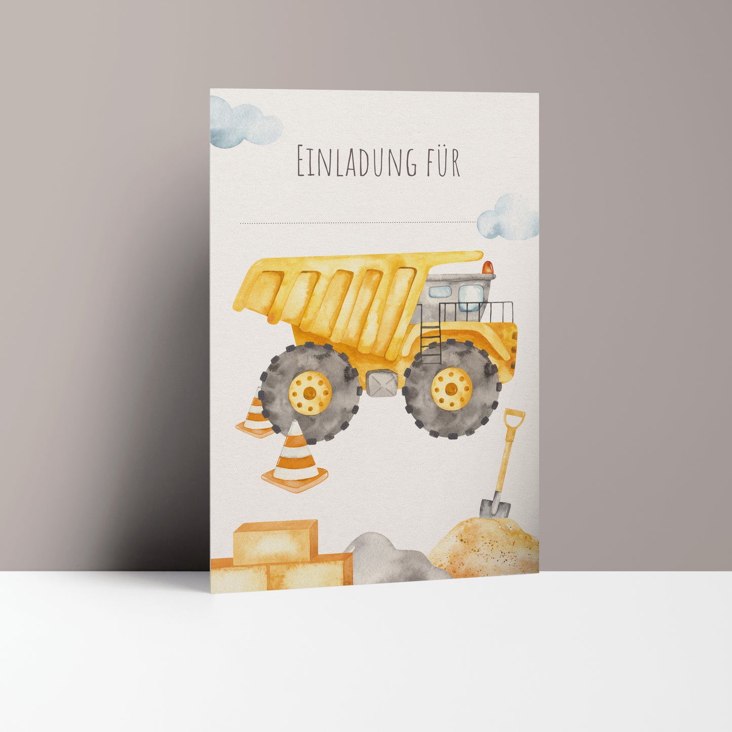 5x/10x Einladungskarten zum Kindergeburtstag | Baustelle, Muldenkipper | Premium-Karton | Große Karte (115mm x 170mm)