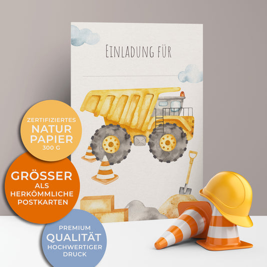 Einladungskarten zum Kindergeburtstag, Großer gelber Muldenkipper, Großmuldenkipper auf der Baustelle.