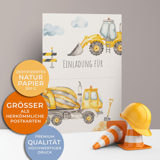 Einladungskarten zum Kindergeburtstag, gelber Betonmischer und Radlader auf der Baustelle.