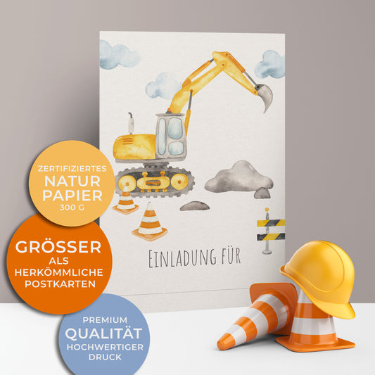 Einladungskarten zum Kindergeburtstag, gelber Raupenbagger auf der Baustelle.