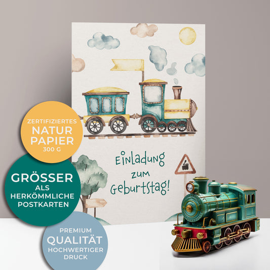 Einladungskarten zum Kindergeburtstag, Zug mit Lokomotive auf Schienen, Wolken und Sonne