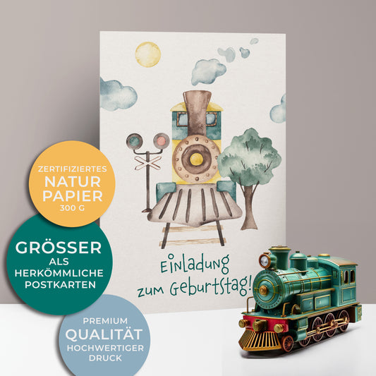 Einladungskarten zum Kindergeburtstag, Lokomotive auf Schienen, Stopsignal und Wolken und Sonne