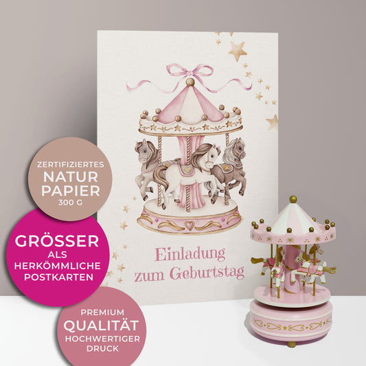 Einladungskarten zum Kindergeburtstag, kleines rosa weißes Kettenkarussell mit weißen und braunen Pferden