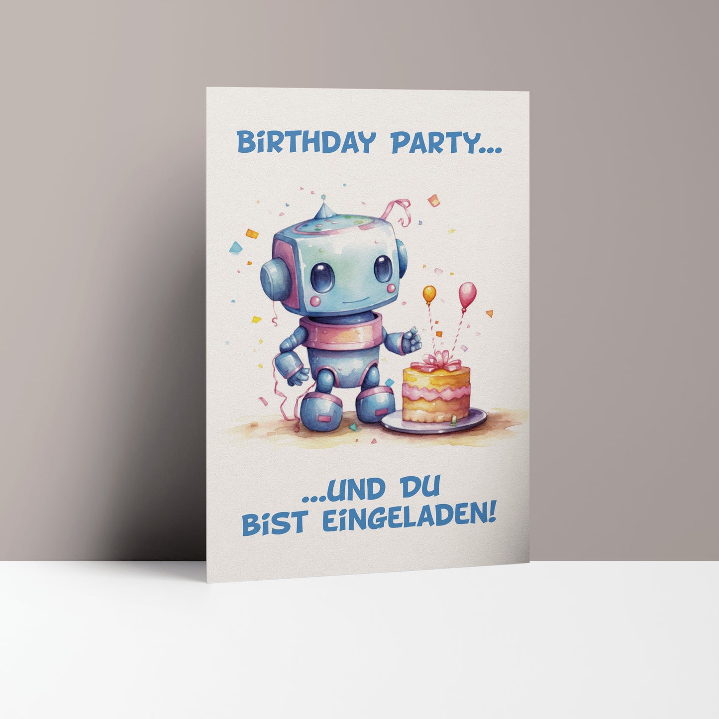 5x/10x Einladungskarten zum Kindergeburtstag | Für Jungs | Roboter mit Kuchen | Premium-Karton | Große Karte (115mm x 170mm)