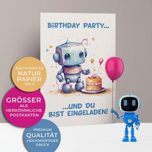 Einladungskarten zum Kindergeburtstag, kleiner süßer blauer Roboter steht vor seiner Geburtstagstorte mit Luftballons und Schleife darauf.