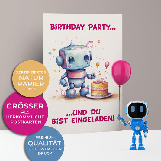 Einladungskarten zum Kindergeburtstag, kleiner süßer blauer Roboter steht vor seiner Geburtstagstorte mit Luftballons und Schleife darauf.