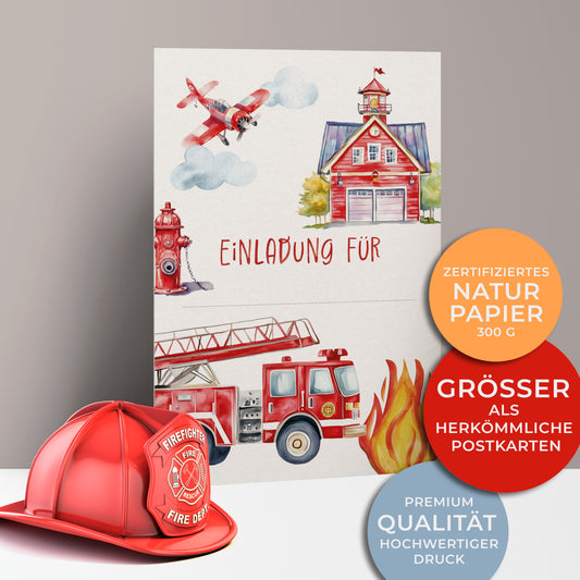 Einladungen zum Kindergeburtstag Feuerwehrparty mit Feuerwehrauto, Flammen, Feuerwache, Löschflugzeug und roter Hydrant