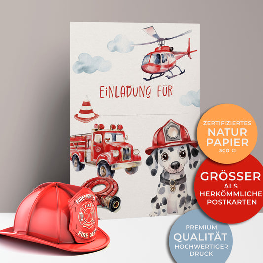 Einladungskarten zum Kindergeburtstag, Feuerwehrparty, mit Feuerwehrauto, Löschhubschrauber, Feuerwehrschlauch und süßer Dalmatiner mit Feuerwehrhelm