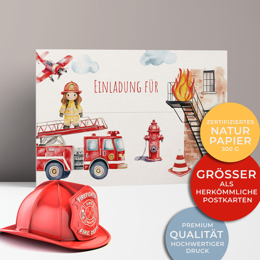 Einladungen zum Kindergeburtstag Feuerwehrparty mit Feuerwehrauto, Flammen, kleinem Mädchen als Feuerwehrfrau, Löschflugzeug und roter Hydrant